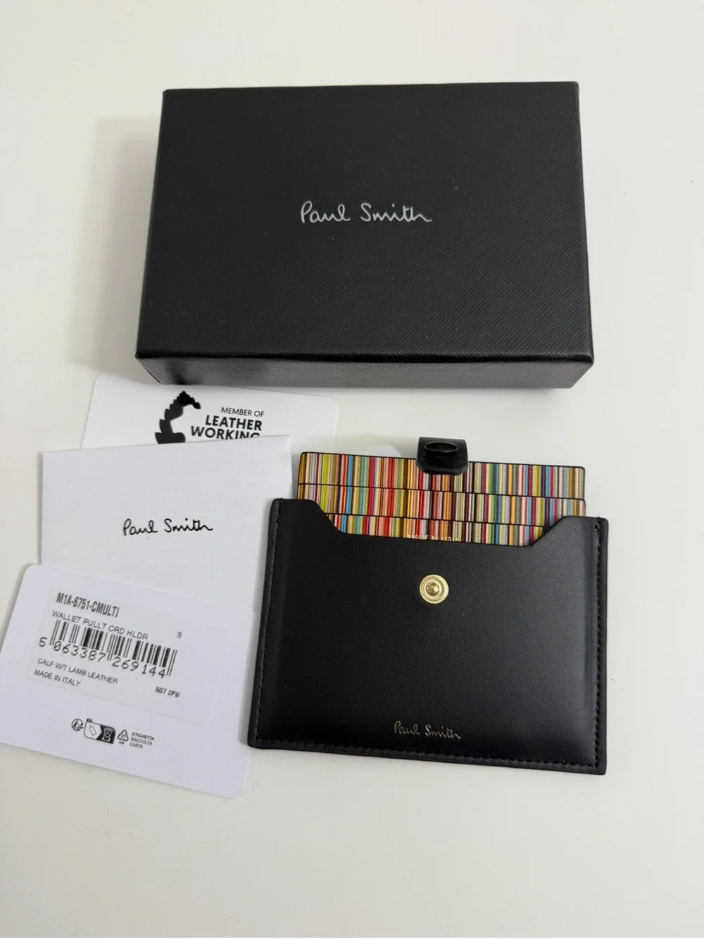 Paul Smith Black Leather Credit Hard Holder With ‘Signature Stripe’ Pull Out